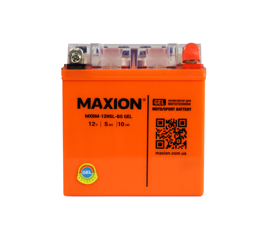Мото акумулятор MAXION 12V 5Ah 65A R+ (правий +) 12N 5L-BS GEL