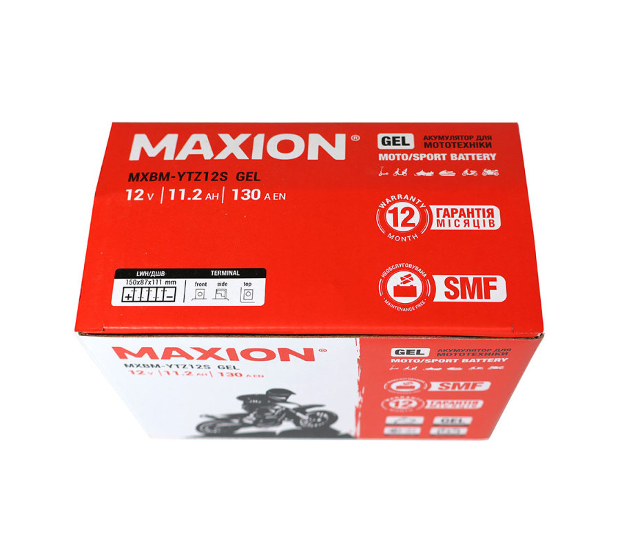 Мото акумулятор MAXION 12V 11.2Ah 130A L+ (лівий +) YTZ 12S GEL