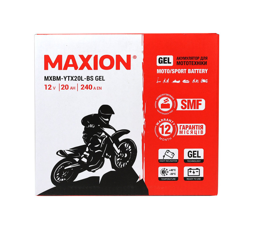 Мото акумулятор MAXION 12V 20Ah 240A R+ YTX20L-BS GEL