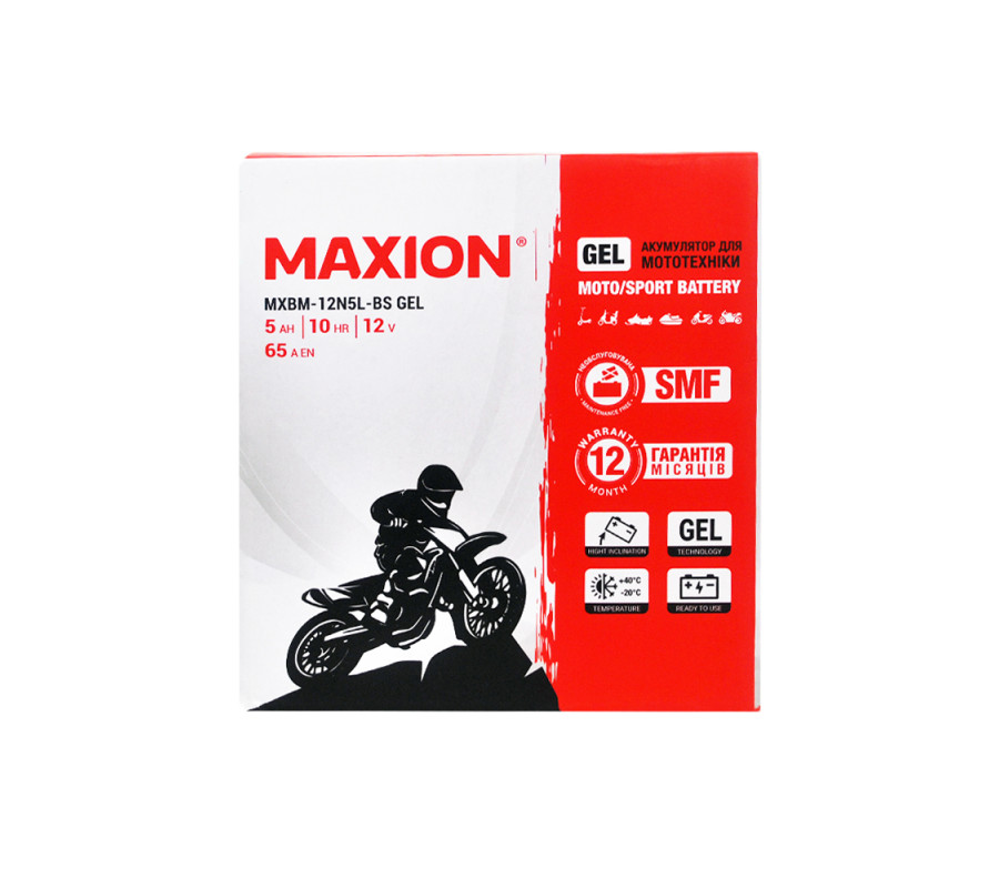 Мото акумулятор MAXION 12V 5Ah 65A R+ (правий +) 12N 5L-BS GEL