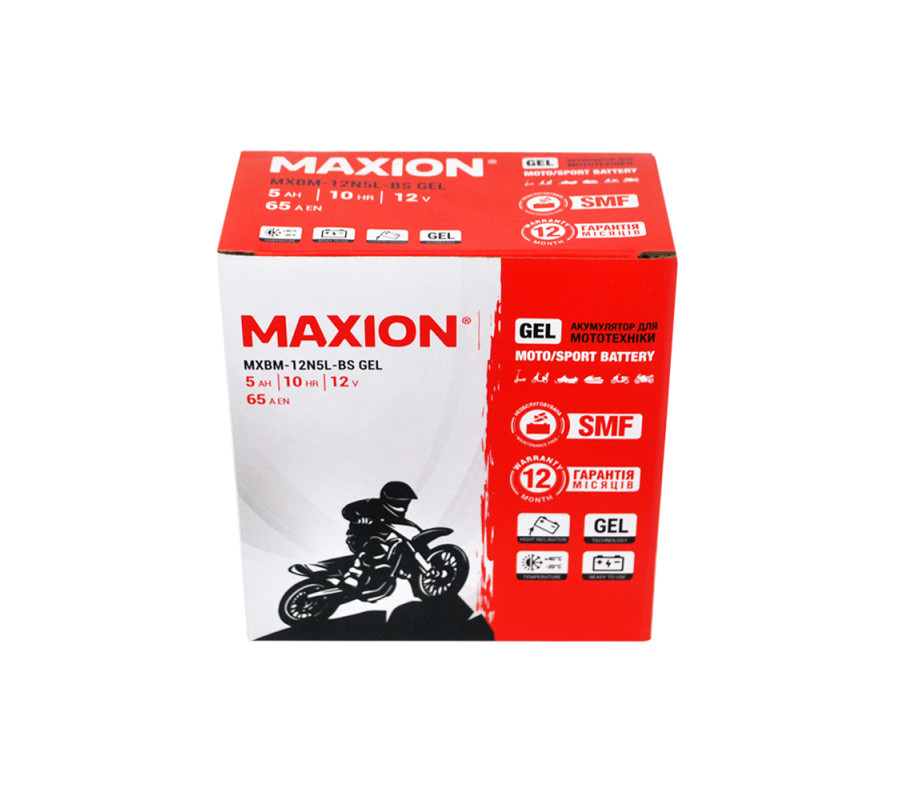 Мото акумулятор MAXION 12V 5Ah 65A R+ (правий +) 12N 5L-BS GEL