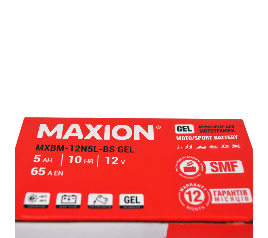 Мото акумулятор MAXION 12V 5Ah 65A R+ (правий +) 12N 5L-BS GEL