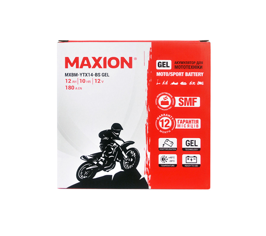 Мото акумулятор MAXION 12V 12Ah 180A L+ (лівий+) YTX 14-BS GEL