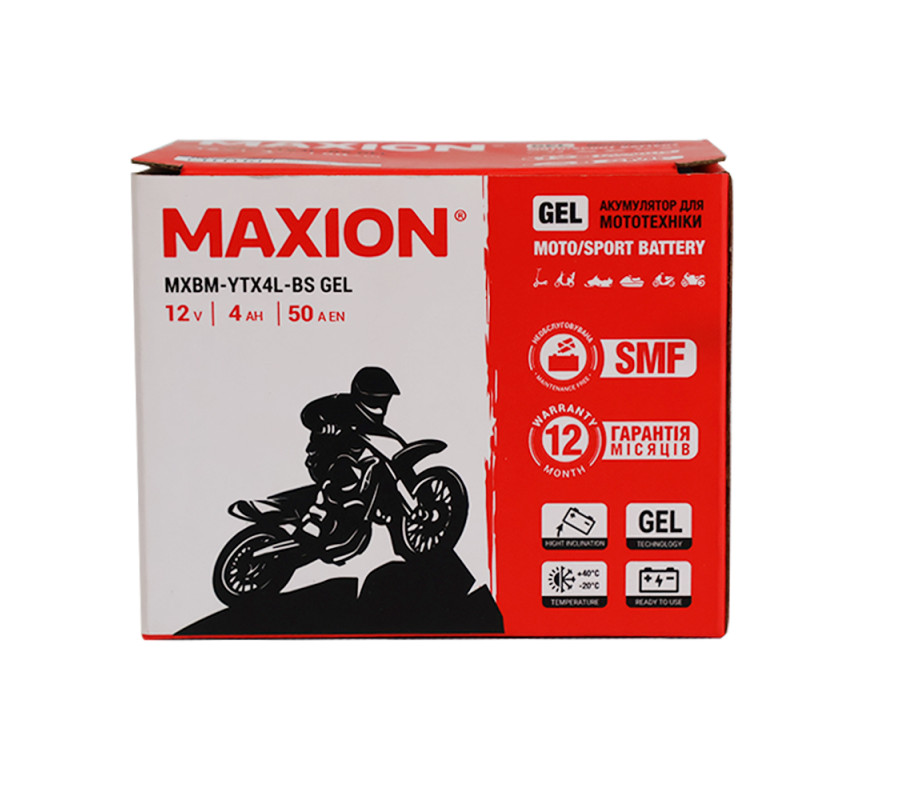 Мото акумулятор MAXION 12V 4Ah 50A R+ (правий +) YTX 4L-BS GEL